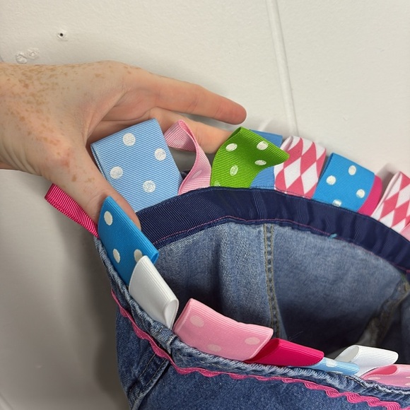 VINTAGE Oshkosh B’gosh 12 Month Baby Denim Overall Dress Girly Ribbons Polka Dot - Picture 9 of 9